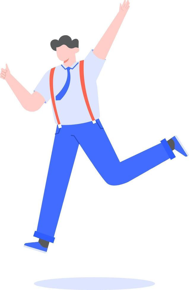 Happy businessman with suspenders and tie is jumping and celebrating success with thumbs up, depicting career growth, achievement, and positive emotion vector