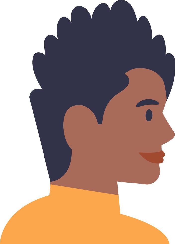 Profile view portrait of a young smiling black man with curly hair and casual clothes, simple flat illustration isolated on white background vector