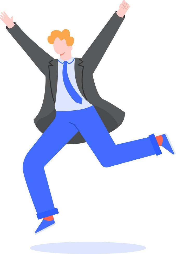 Happy businessman in suit running and celebrating success with arms raised, expressing joy and enthusiasm for achieving goals or winning business deal vector