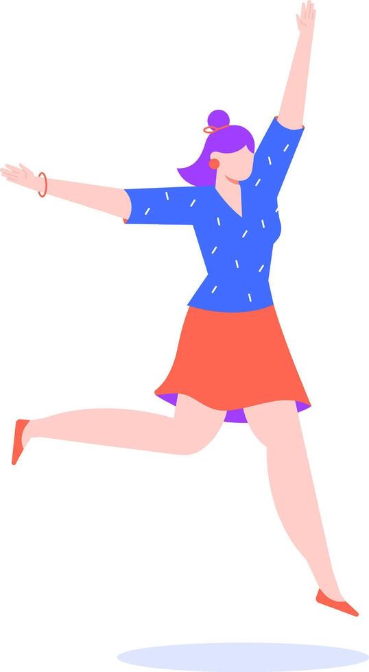 Happy businesswoman with purple hair is jumping and celebrating success with arms up, expressing joy and excitement, depicting achievement and positive emotions vector