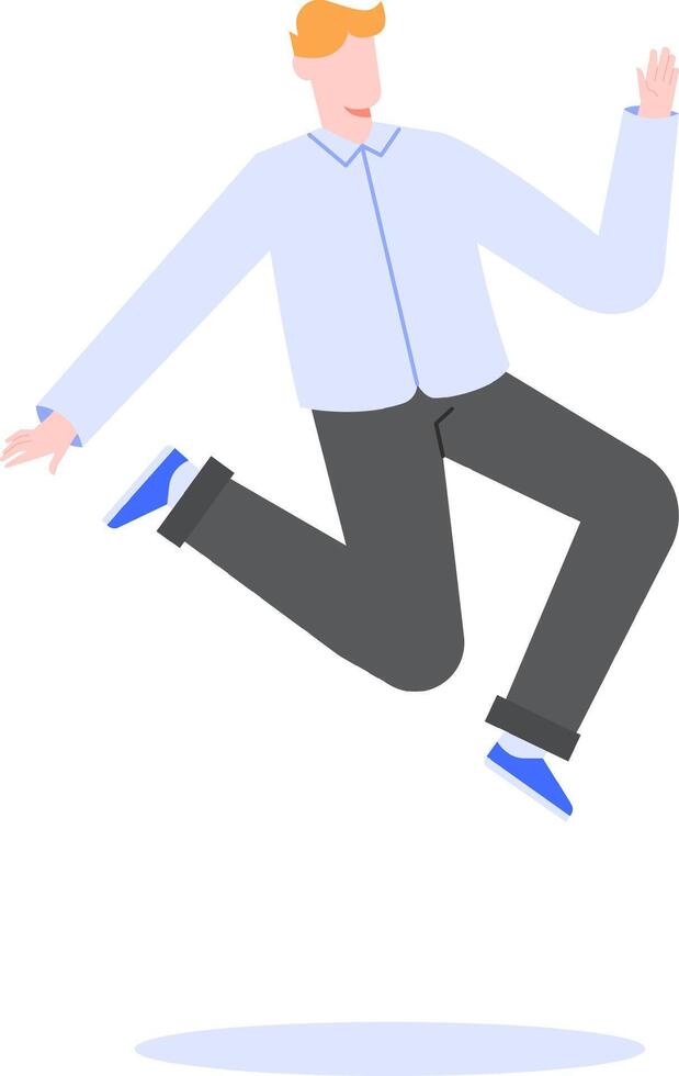 Happy businessman jumping with arms outstretched, celebrating career success, achievement and accomplishment, expressing joy and excitement, wearing casual business attire vector