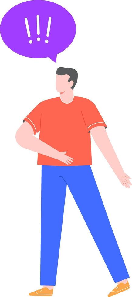Young man standing with his legs apart and one hand on his stomach, reacting to a purple speech bubble containing three white exclamation marks, expressing surprise or alert vector