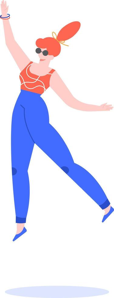 Energetic young woman with sunglasses and colorful bracelets is jumping with arms raised, expressing joy and excitement, celebrating success and freedom vector