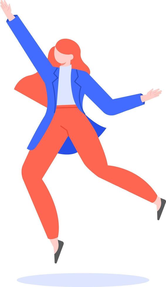 Businesswoman jumping joyfully to celebrate her success, arms raised high, embodying a dynamic and energetic spirit of achievement and triumph in a professional setting vector