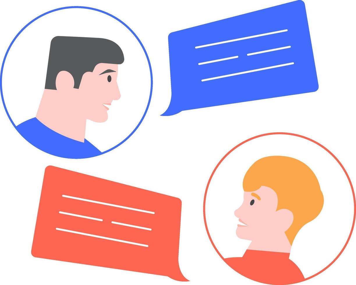 Two male colleagues engaging in communication through a chat app, exchanging messages and sharing ideas via colorful speech bubbles on their smartphones, fostering teamwork and collaboration vector