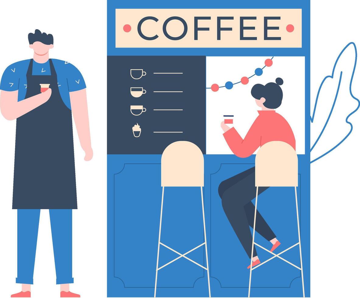 Barista holding a steaming coffee cup while a customer sits at the counter, savoring a drink in a cozy coffee shop, capturing the lively atmosphere of cafe culture and social interaction vector