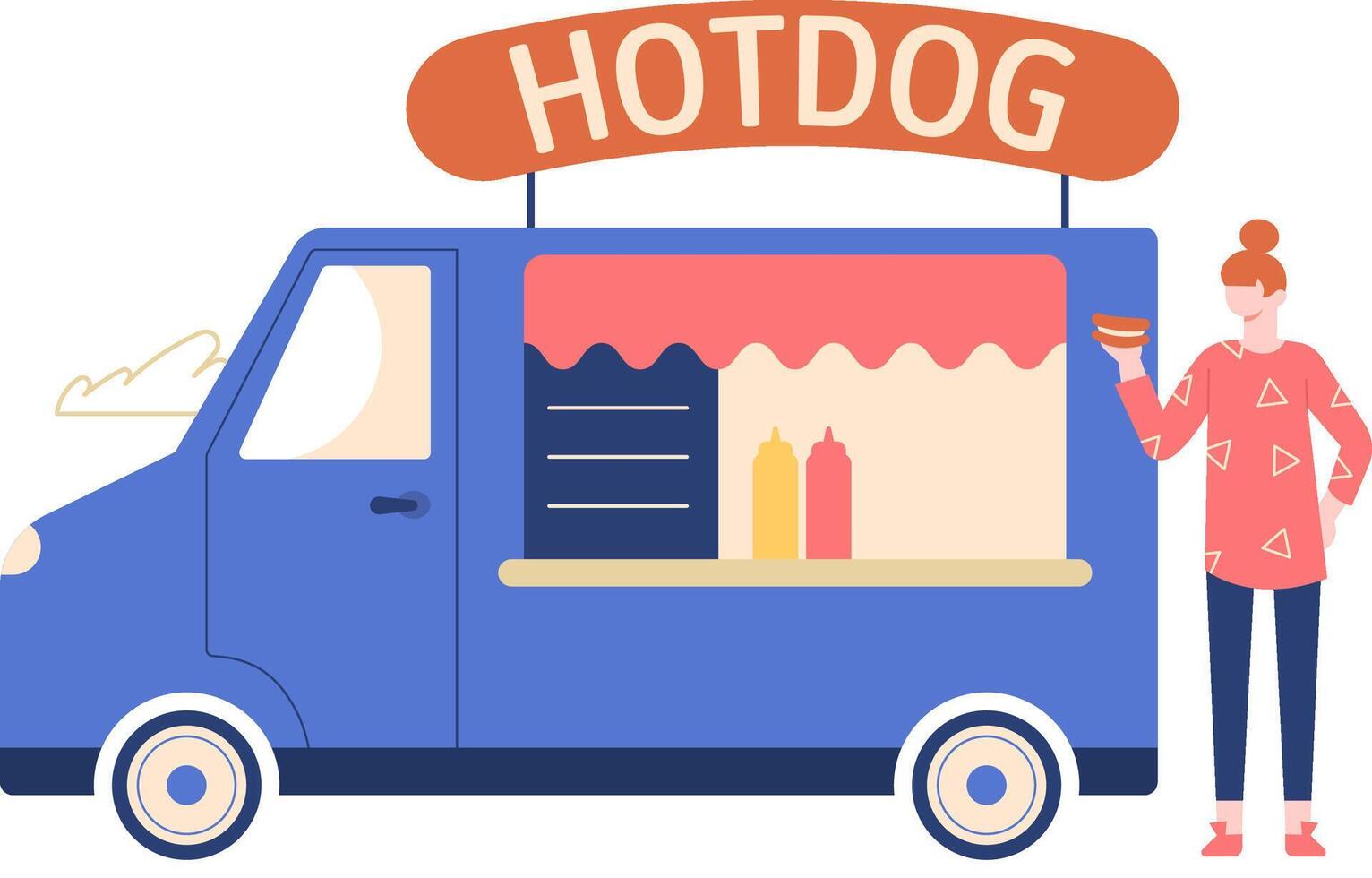 Customer holding a hot dog while standing near a vibrant blue food truck, showcasing bottles of mustard and ketchup on the counter, enjoying a delicious street food experience vector
