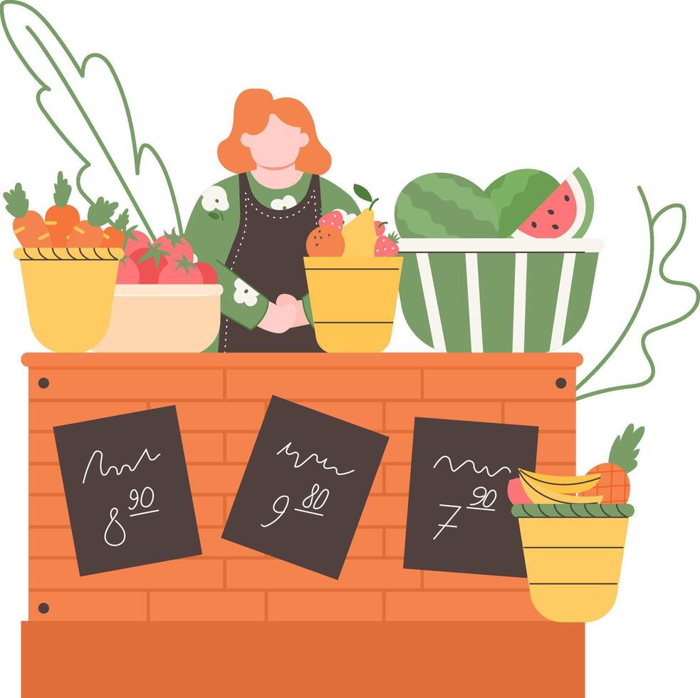 Female greengrocer standing behind her stall selling fresh fruit and vegetables like carrots, tomatoes, watermelons, strawberries, oranges and bananas, with price tags hanging on the brick wall vector