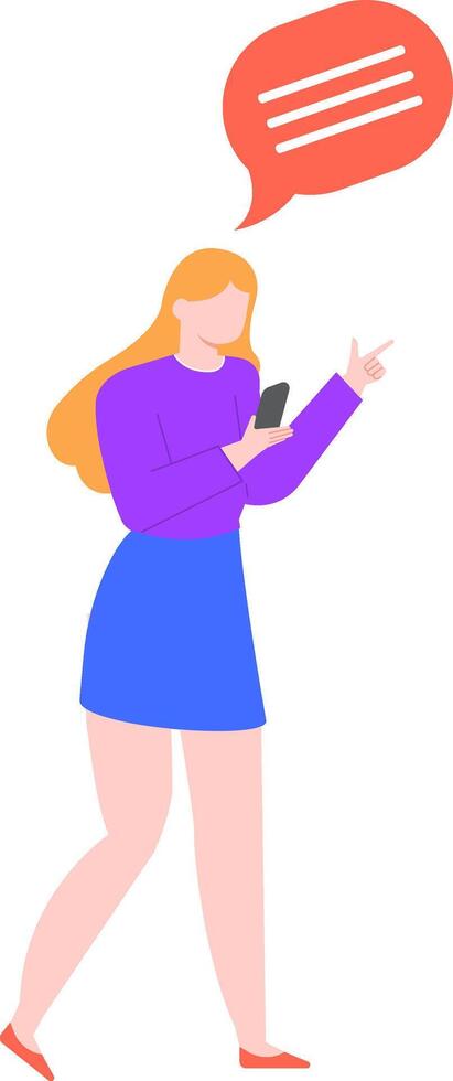 Businesswoman walking and using smartphone with speech bubble showing message, sending or receiving text message, online chat, social media notification, mobile application, communication concept vector