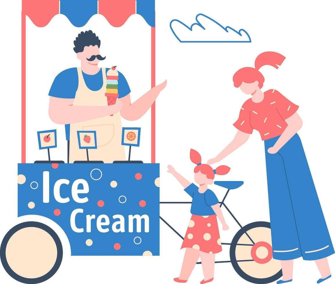 Ice cream vendor showing different ice cream flavors to a little girl with her mother caressing her head and her bicycle nearby, summer outdoor scene vector
