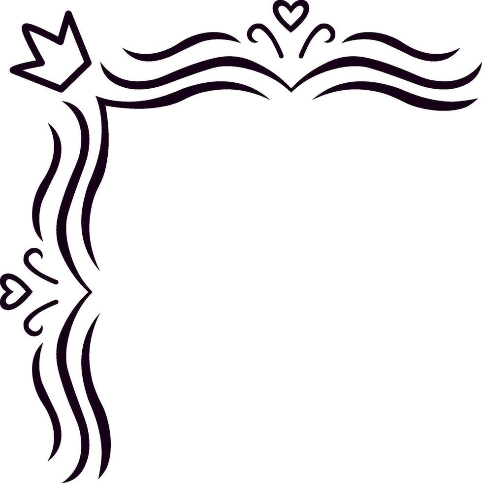Hand drawn corner frame featuring a crown, hearts, and wave patterns, providing an elegant and customizable space for text or design elements vector