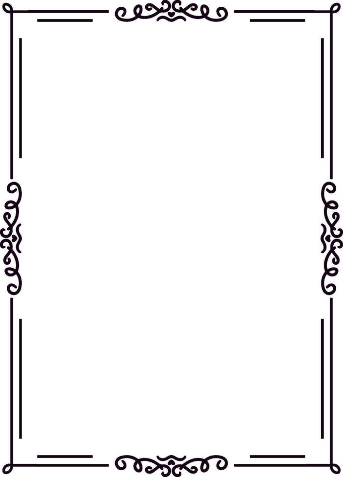 Rectangular frame with elegant lines and flourishes at each corner creating a sophisticated border around an empty white space, ideal for invitations, announcements, or certificates vector