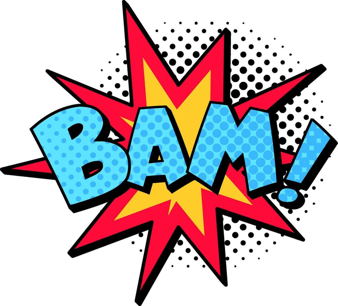 Bam comic explosion bursting with energy, featuring a star shape and vibrant halftone dots, perfect for enhancing comic and cartoon themed projects with dynamic visual impact vector