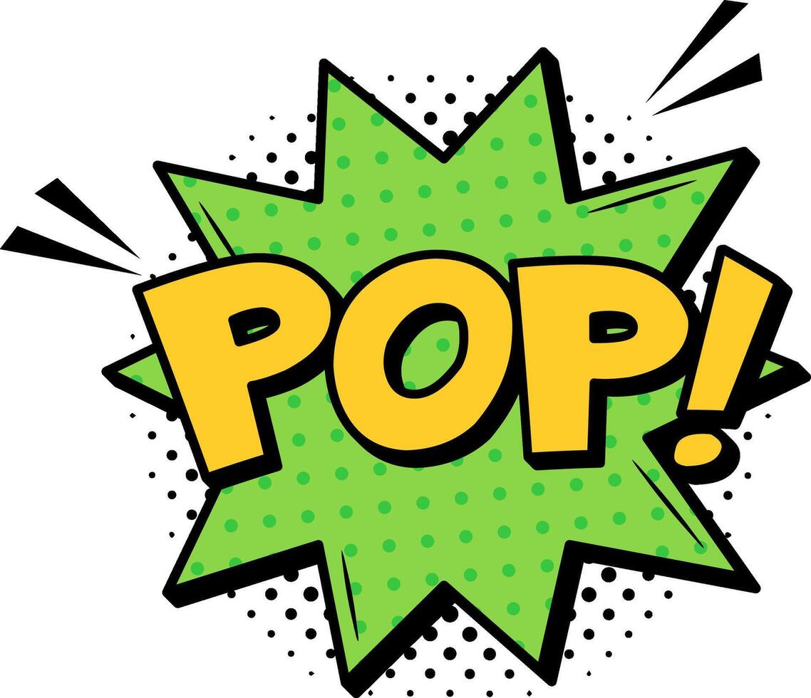 Green star adorned with halftone dots and the vibrant yellow word pop bursting forth with dynamic speed lines, capturing a moment of sudden impact and explosive surprise vector