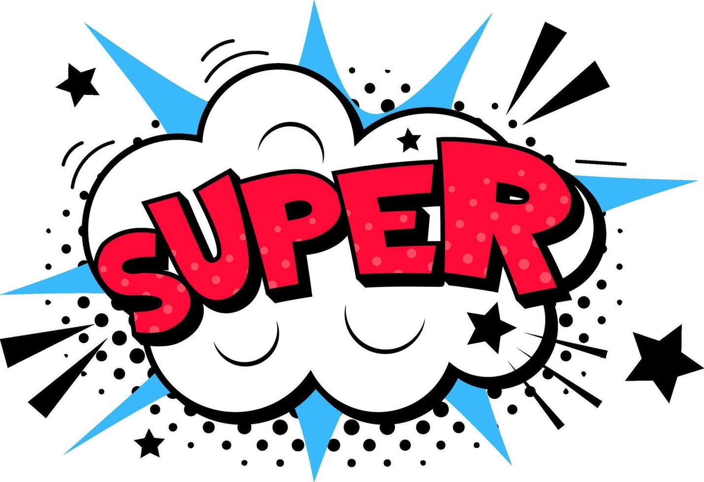 Super comic pop art expression exploding from a cloud with stars and halftone dots conveying strength and power, ideal for superhero themed projects vector