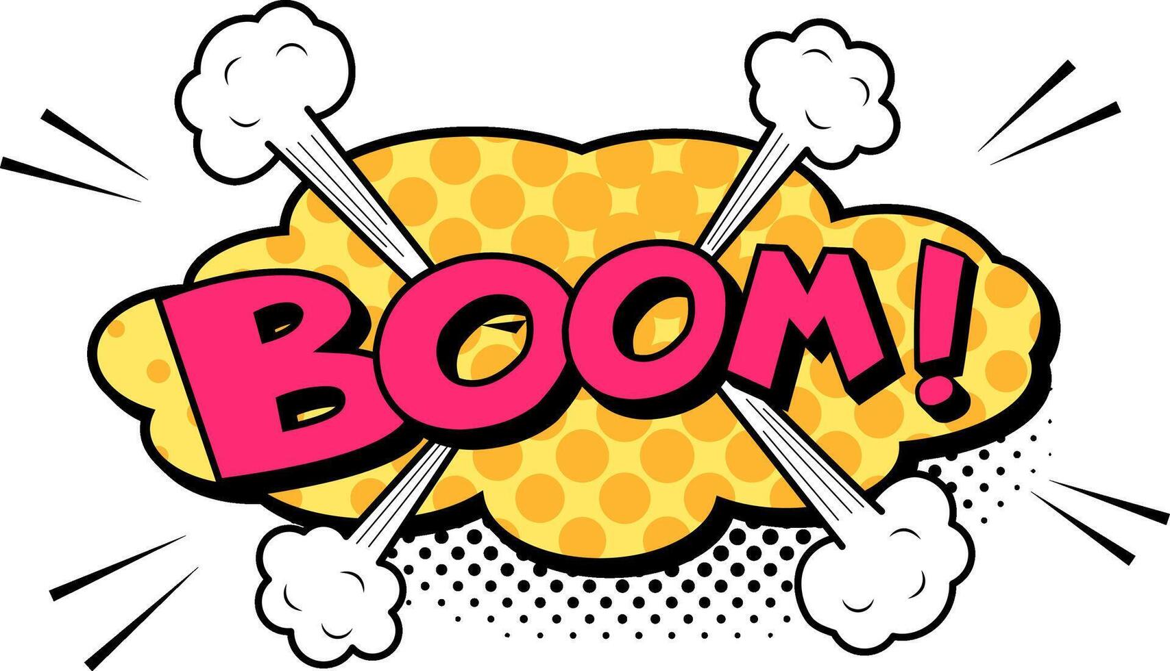 Colorful boom explosion comic book cloud with halftone dots, smoke clouds and speed lines radiating outwards, embodying the energy and impact of a sudden burst or surprising event vector
