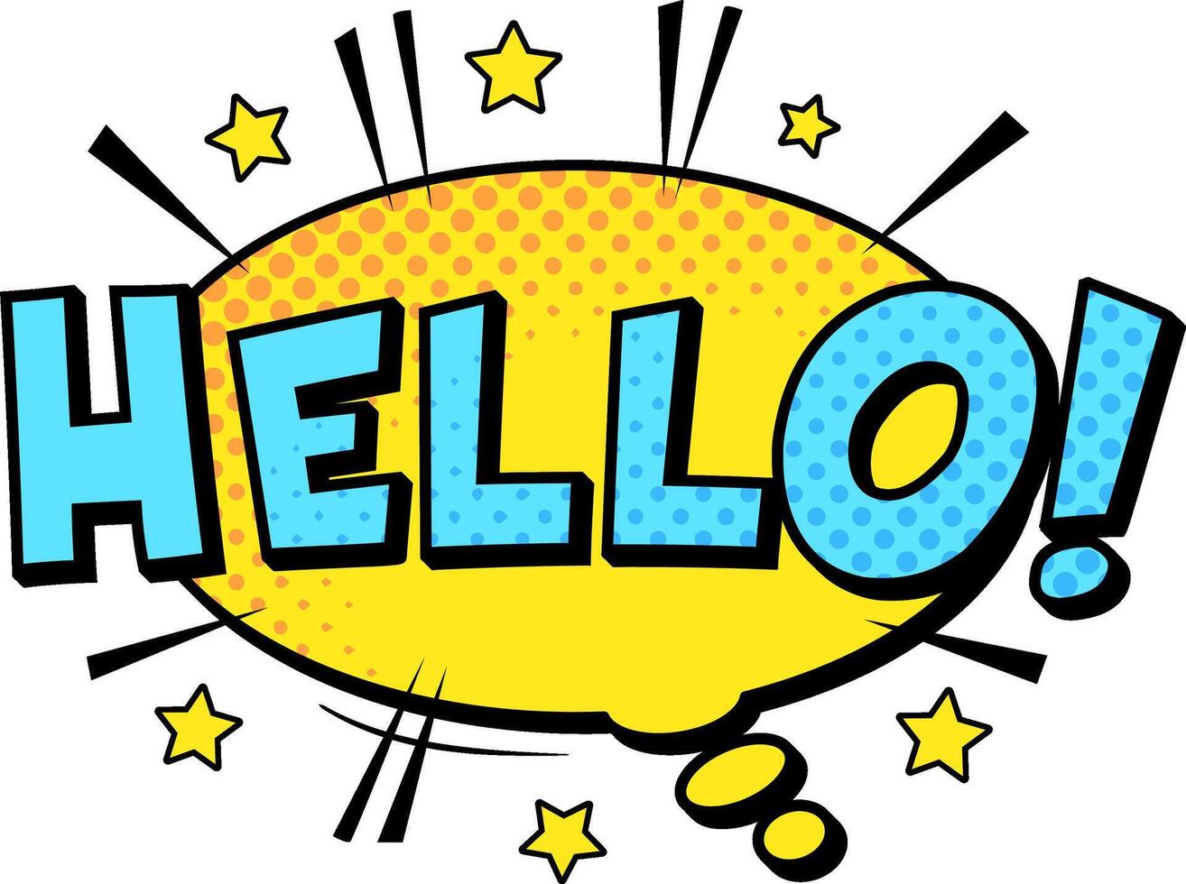Comic style Hello text emerging from a speech bubble, adorned with stars and halftone dots. Perfect for greeting cards, social media posts, or website banners vector