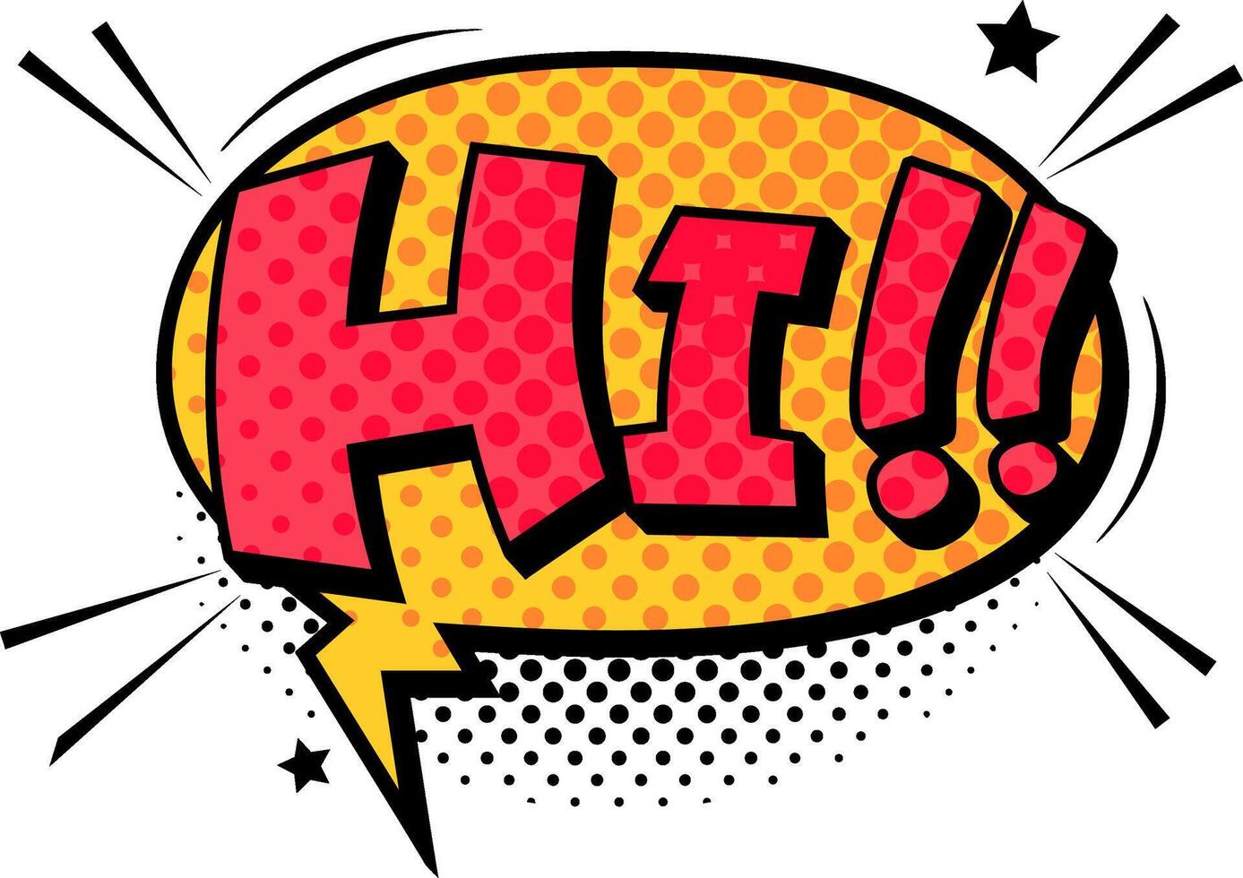 Colorful comic book explosion featuring a new character greeting with a cheerful hi, surrounded by vibrant stars and playful dots in a dynamic background vector