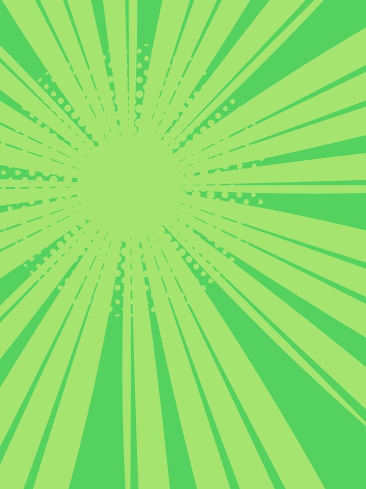 Green sunburst background features halftone dots and radial lines emanating from a central point, creating a dynamic and vibrant effect suitable for various design projects vector
