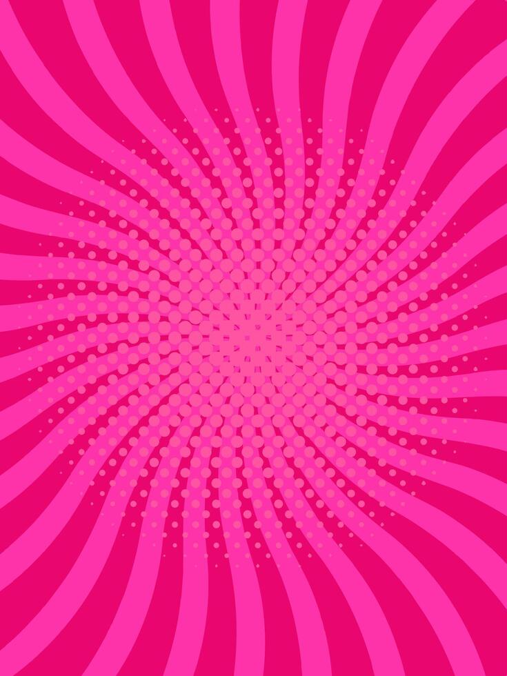 Pink swirling radial background with halftone dots creating vintage effect, ideal for comic books, graphic novels, posters, and social media content vector
