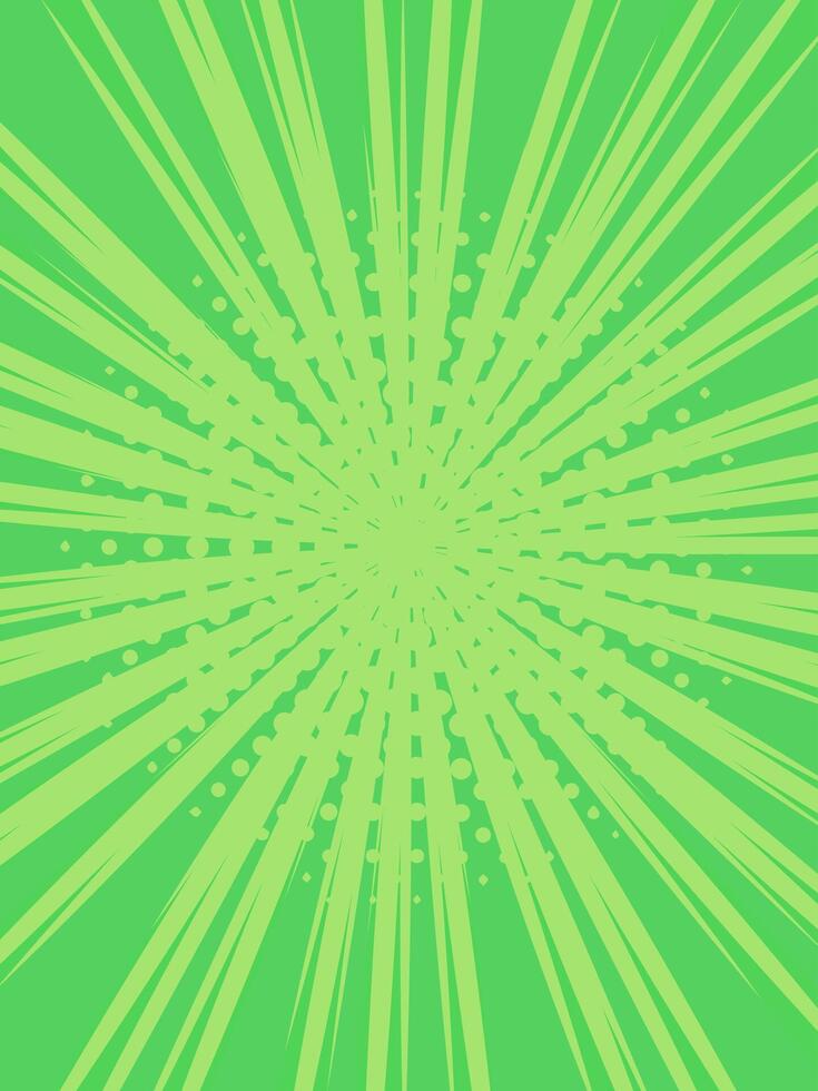 Vibrant green comic book cartoon background featuring radiating speed lines and halftone dots, creating an energetic burst of motion and dynamic action throughout the design vector