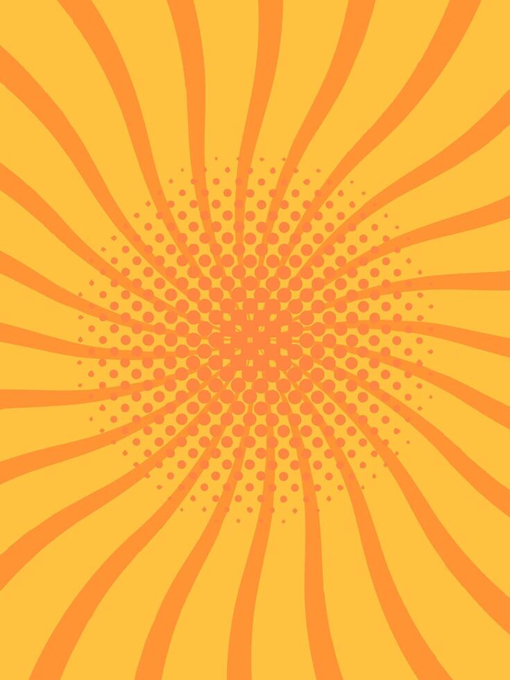 Vibrant orange and yellow pop art background featuring a radial dotted halftone pattern and swirling lines, creating a dynamic and energetic visual effect vector