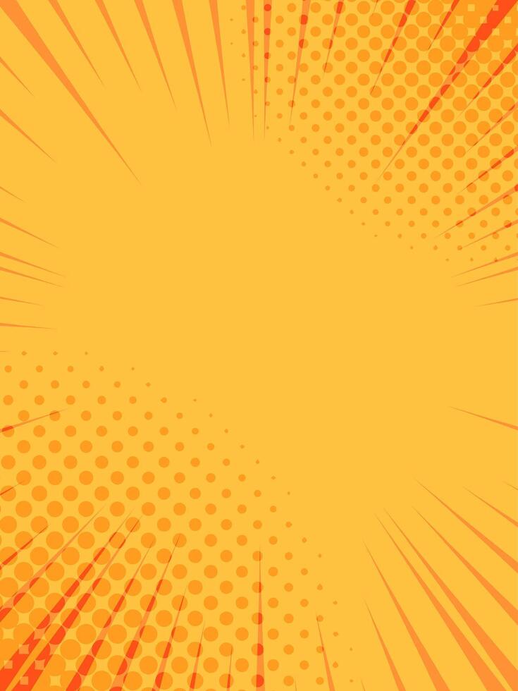 Orange radial zoom lines and halftone dots converging towards center, creating a vibrant and dynamic background suitable for comic books and graphic designs emphasizing speed and action vector