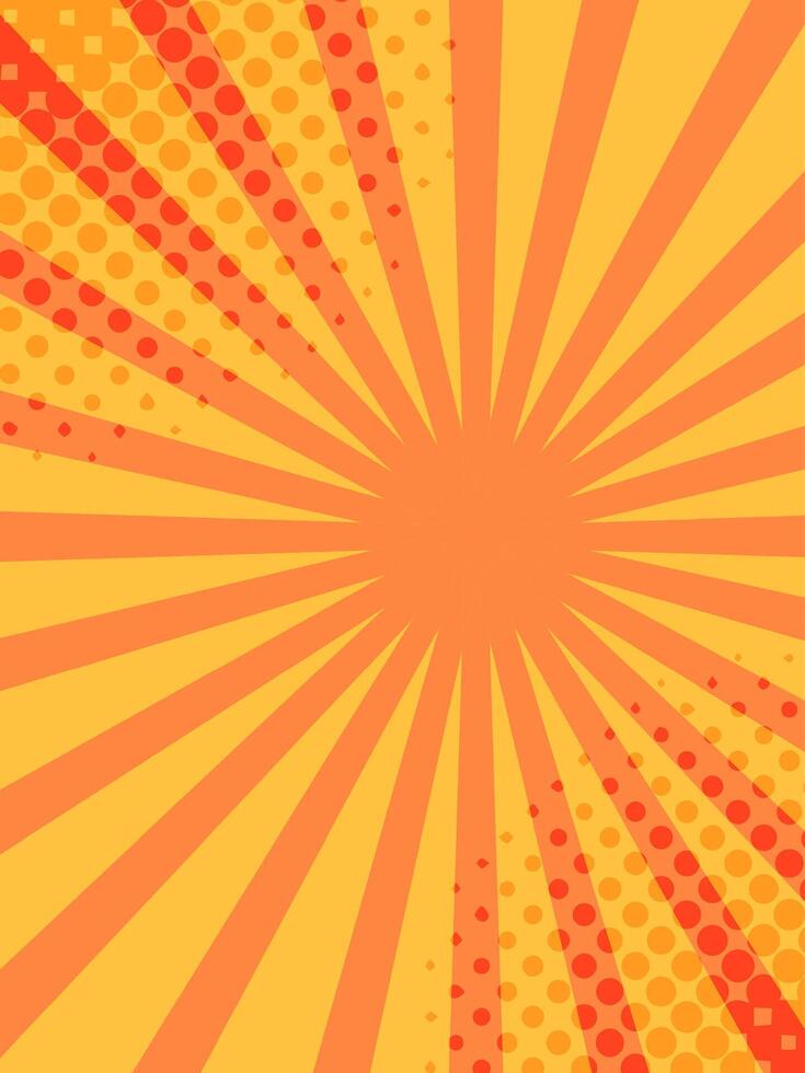 Retro pop art comic book background featuring converging orange and yellow radial lines, complemented by halftone dots, creating a dynamic and vibrant visual effect vector