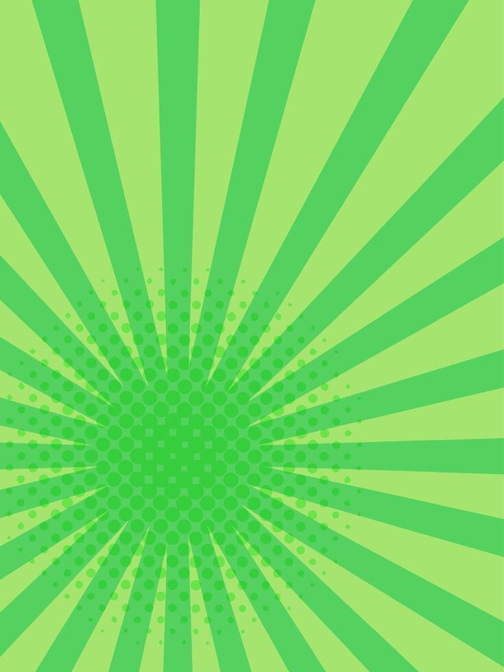 Green sunburst background spreading from halftone dots center creating a dynamic and vibrant backdrop, perfect for comic books, posters or graphic design projects vector