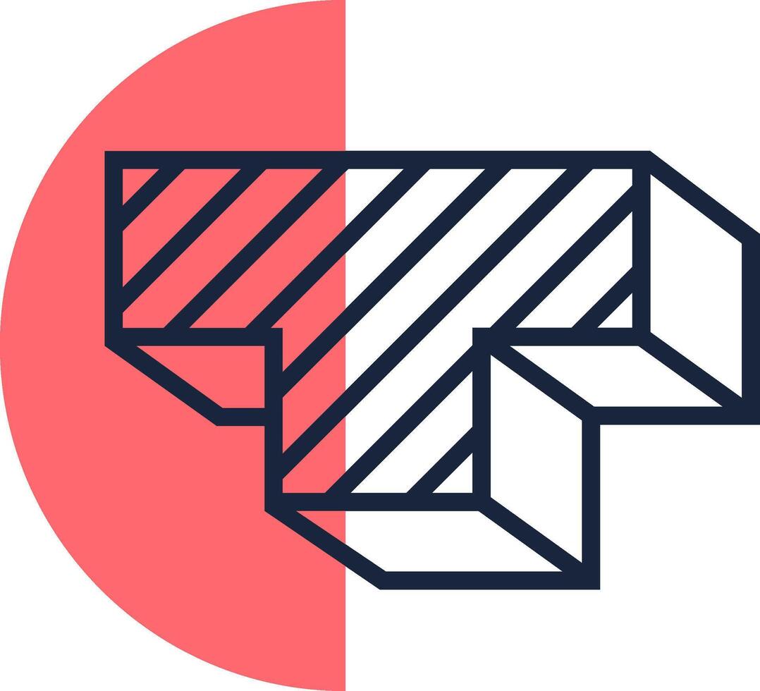 Geometric figure creating an impossible object with diagonal lines and a red circle, forming an optical illusion that challenges perception and spatial reasoning vector