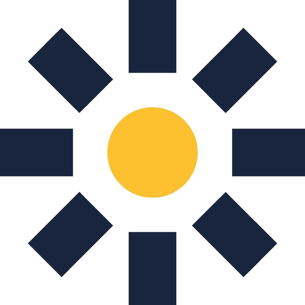 Minimalist illustration of a yellow sun shining with dark blue rays on a white background, representing concepts like energy, light, and nature vector