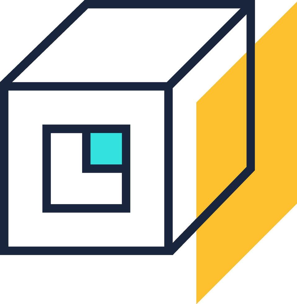 Minimalist abstract composition featuring a white cube with a geometric pattern on its front, casting a shadow on a vibrant yellow surface, representing concepts of design, geometry, and modern art vector