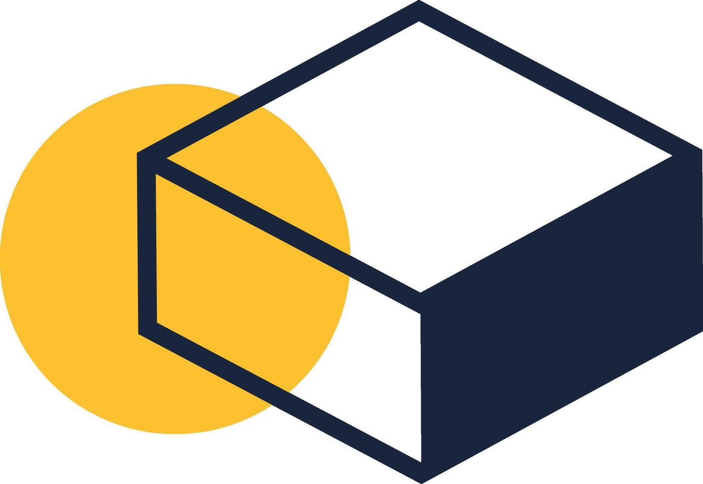 Geometric composition featuring a cube intersecting a vibrant yellow circle, creating a modern and abstract design suitable for various design projects vector