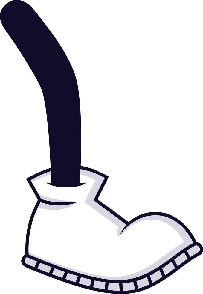Cartoon style illustration of a long, thin, dark leg wearing a white boot stepping forward, creating a sense of quirky movement and playful energy vector