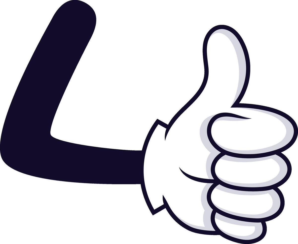 Cartoon hand giving thumbs up, expressing positivity, agreement, or approval, with white glove and dark sleeve, isolated on white background vector