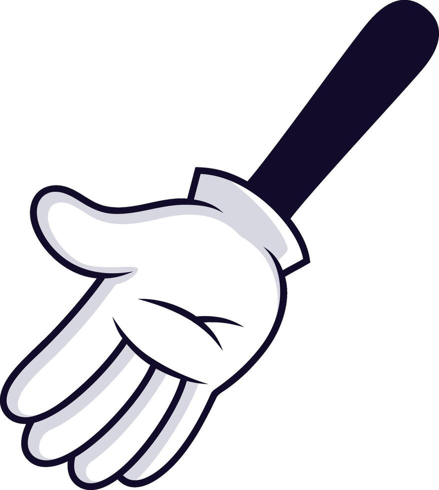 Cartoon hand wearing a white glove from the wrist down is reaching down, with fingers slightly spread apart, and arm extending upwards at an angle vector