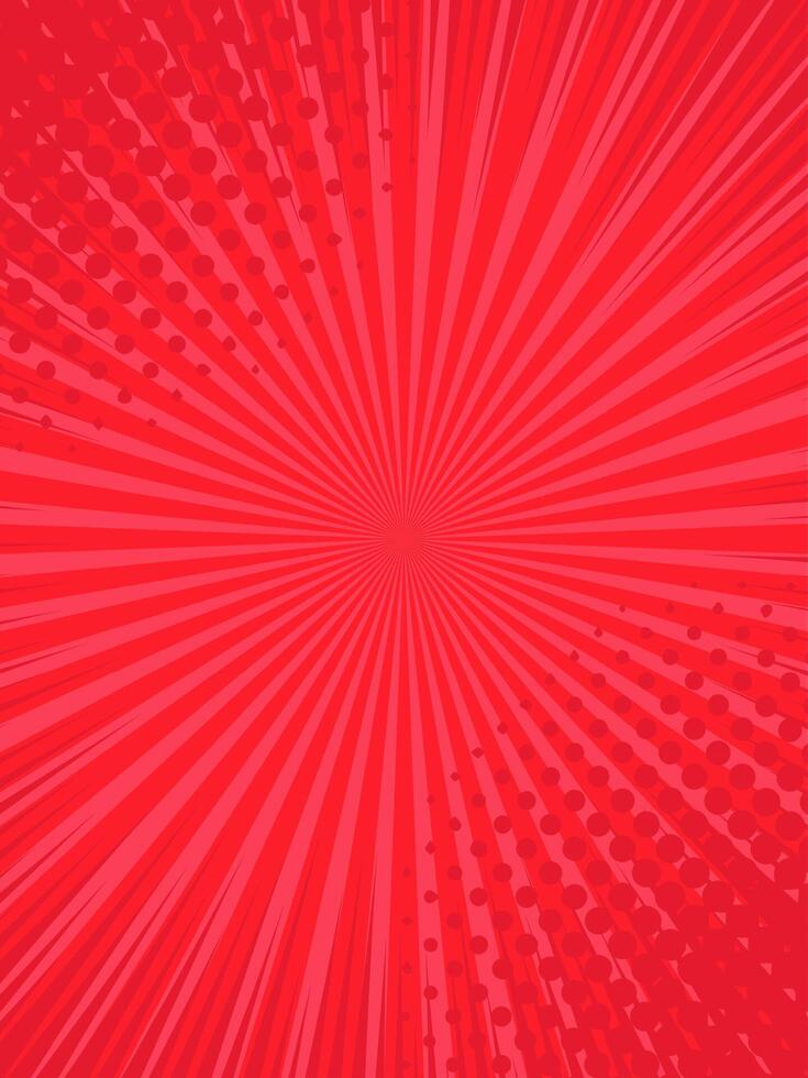Vibrant red comic book radial lines radiate from the center, featuring halftone dots bursting outward for a dynamic and energetic backdrop perfect for graphic design and pop art vector