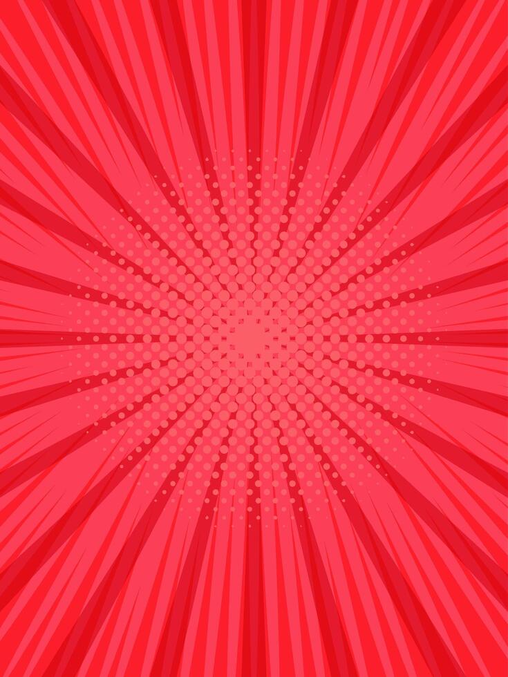 Red zoom lines and halftone dots converging to the center creating a vibrant and dynamic backdrop, ideal for comic books, graphic design, or any project needing a touch of vintage energy vector