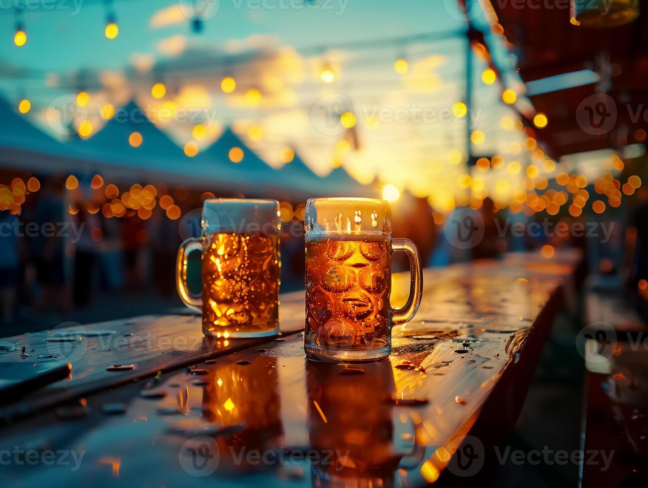 Golden craft beers glisten in sunset, surrounded by festive lights and lively atmosphere photo