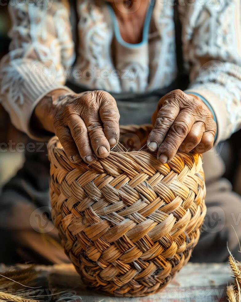 Craftsman weaving traditional basket with skilled hands, showcasing artistry and dedication photo