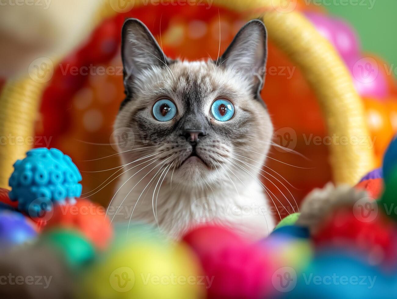 curious cat with expressive blue eyes surrounded by colorful toys, evoking sense of playfulness and wonder photo