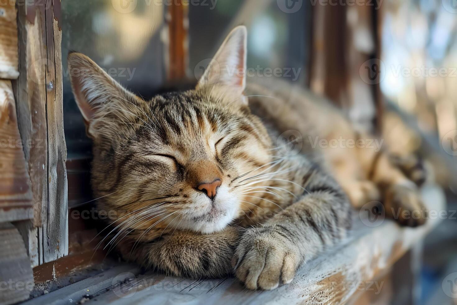 tabby cat peacefully curled up on rustic porch, enjoying warm sunlight. Its relaxed expression and cozy position create serene atmosphere photo