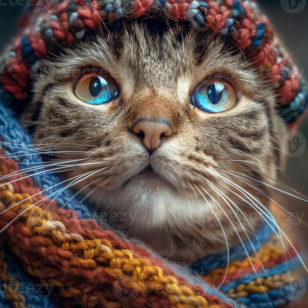 close up of cat wearing colorful knitted hat and scarf, showcasing its striking blue eyes and expressive face photo
