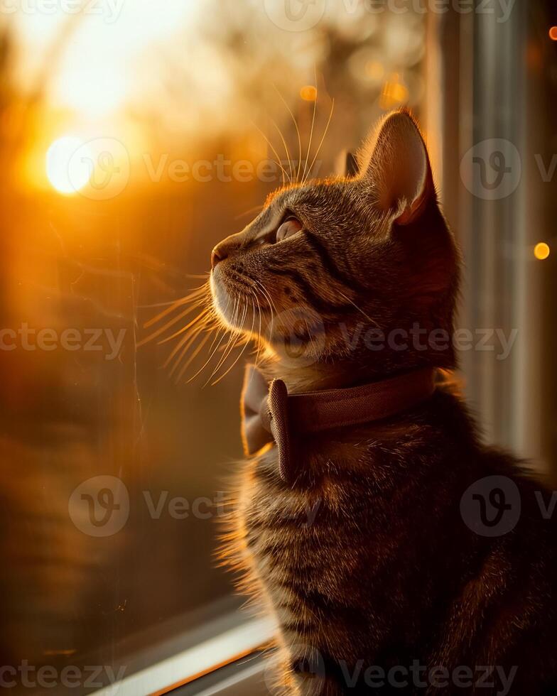 cat with bow tie gazes out window at beautiful sunset, capturing moment of tranquility and elegance photo