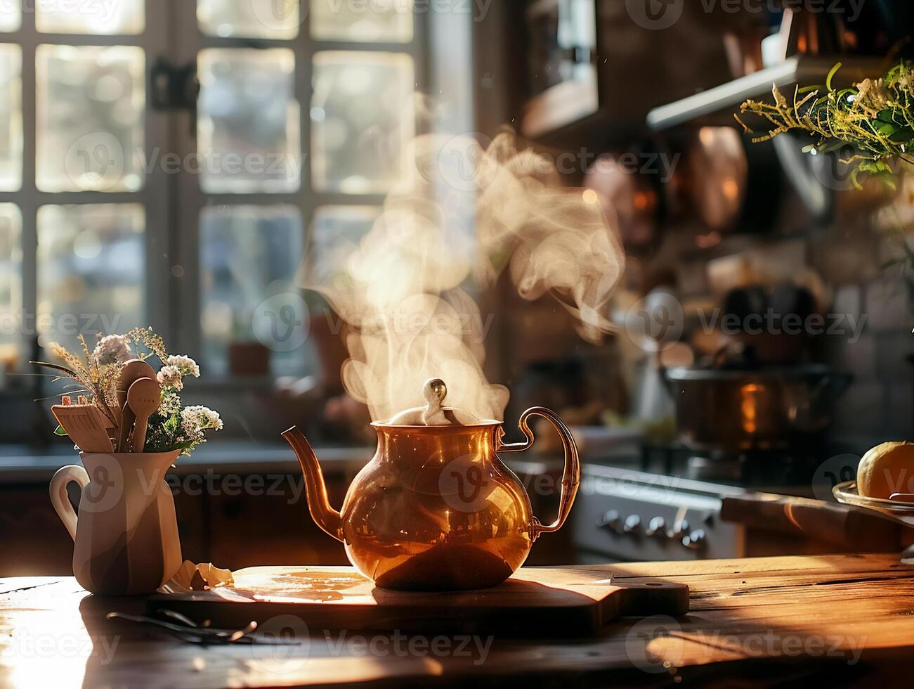 copper kettle boiling on wooden table, steam rising in cozy kitchen. warm atmosphere invites comfort and nostalgia photo