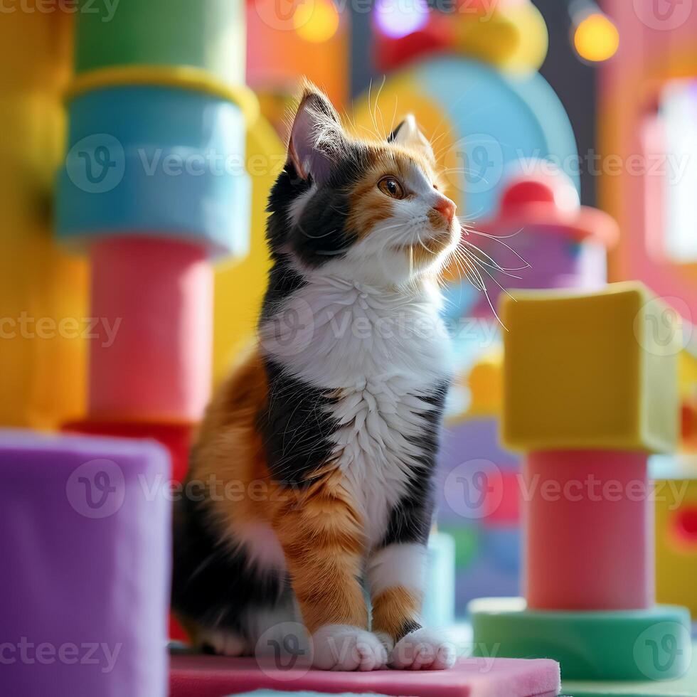 calico cat exploring colorful room filled with soft blocks, showcasing curiosity and playfulness photo