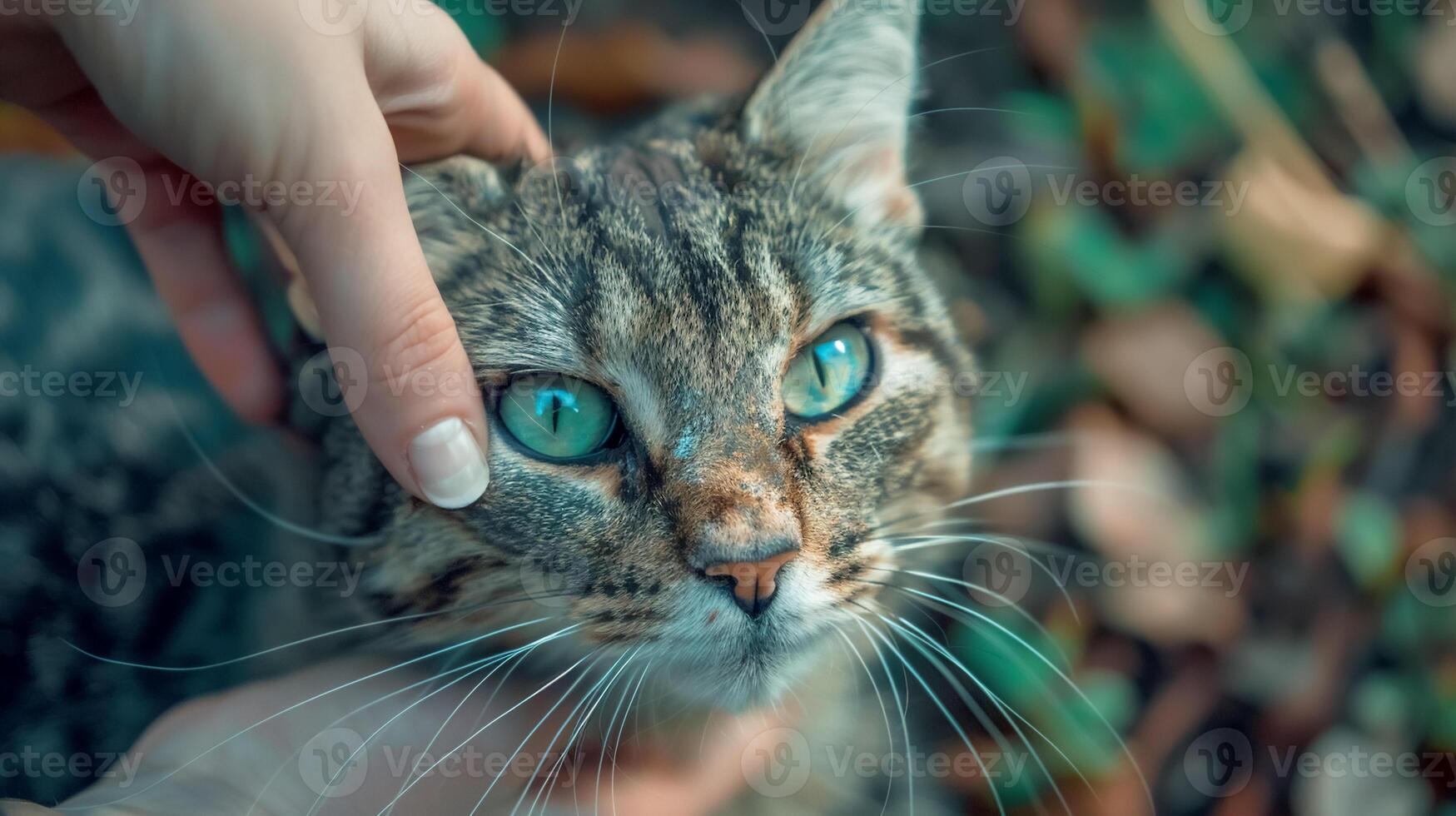 Gently stroking green eyed cat, showcasing its beautiful fur and expressive face photo