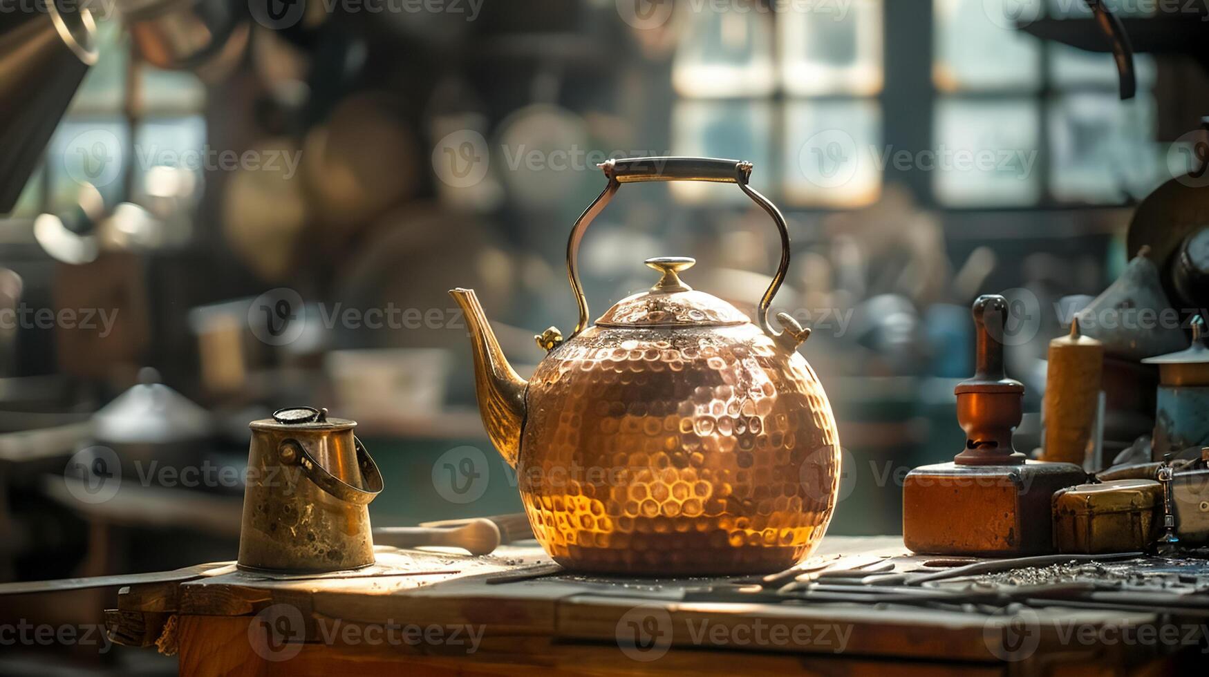 beautiful copper kettle shines in workshop filled with craft tools, evoking sense of artistry and craftsmanship photo