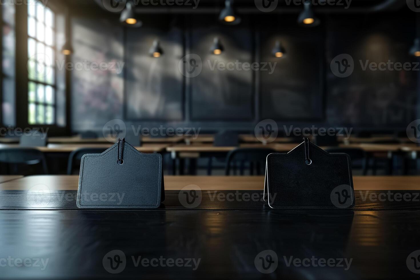 Personalized name tags for desks in modern workspace setting photo