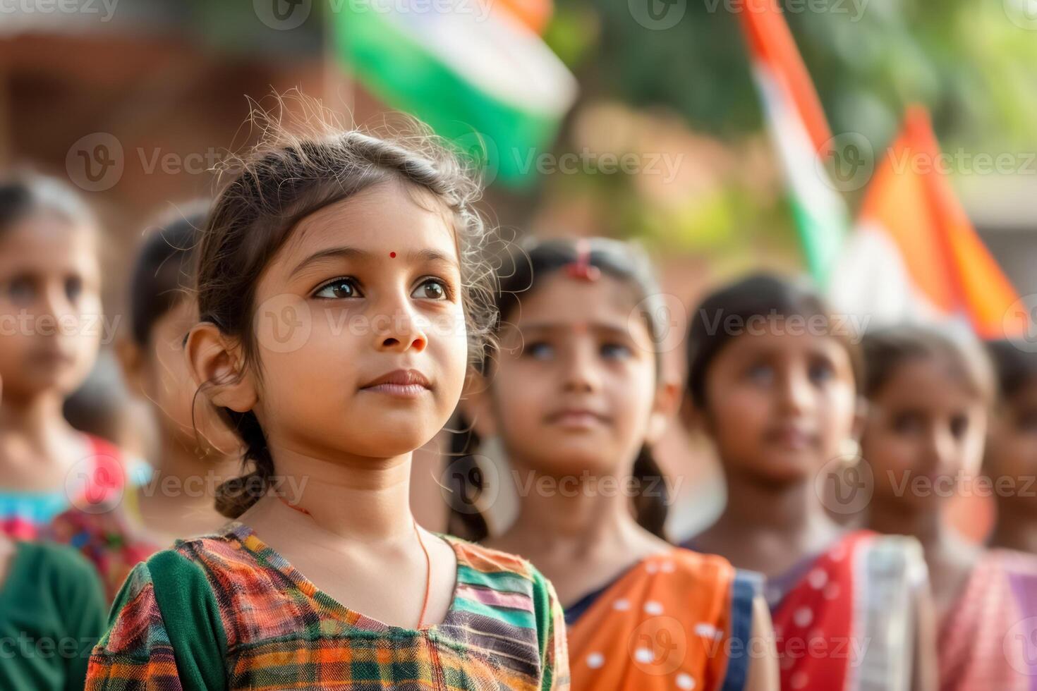 Celebrating unity, school children proudly attend flag ceremony, showcasing their vibrant attire and cultural spirit photo